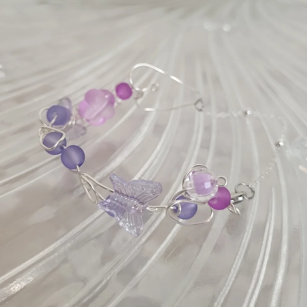 Silver Plated Holographic Butterfly Frosted Glass Wire Ball Chain Bracelet - Picture 4 of 14